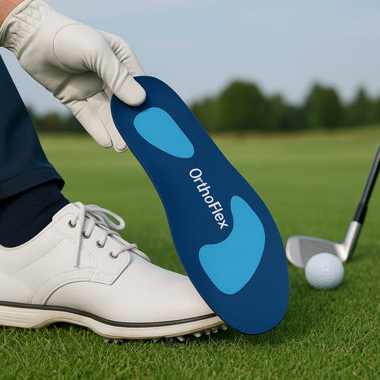 Jucător de golf care introduce un branț OrthoFlex albastru cu zone de amortizare bleu într-un pantof de golf alb, pe teren, pentru confort și susținere la impact