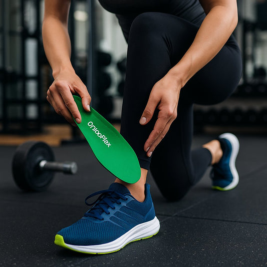 Femeie care introduce o orteză sportivă OrthoFlex într-un pantof de alergare, într-o sală de sport, ideală pentru susținere, stabilitate și absorbție a șocurilor.