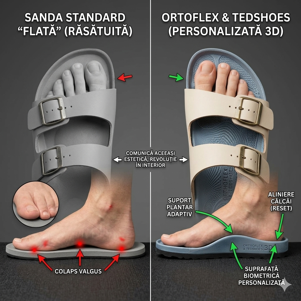 Comparație vizuală între o sanda standard plată care provoacă colaps valgus și sandala OrthoFlex 3D cu suprafață biometrică personalizată care oferă suport plantar adaptiv și aliniere a călcâiului