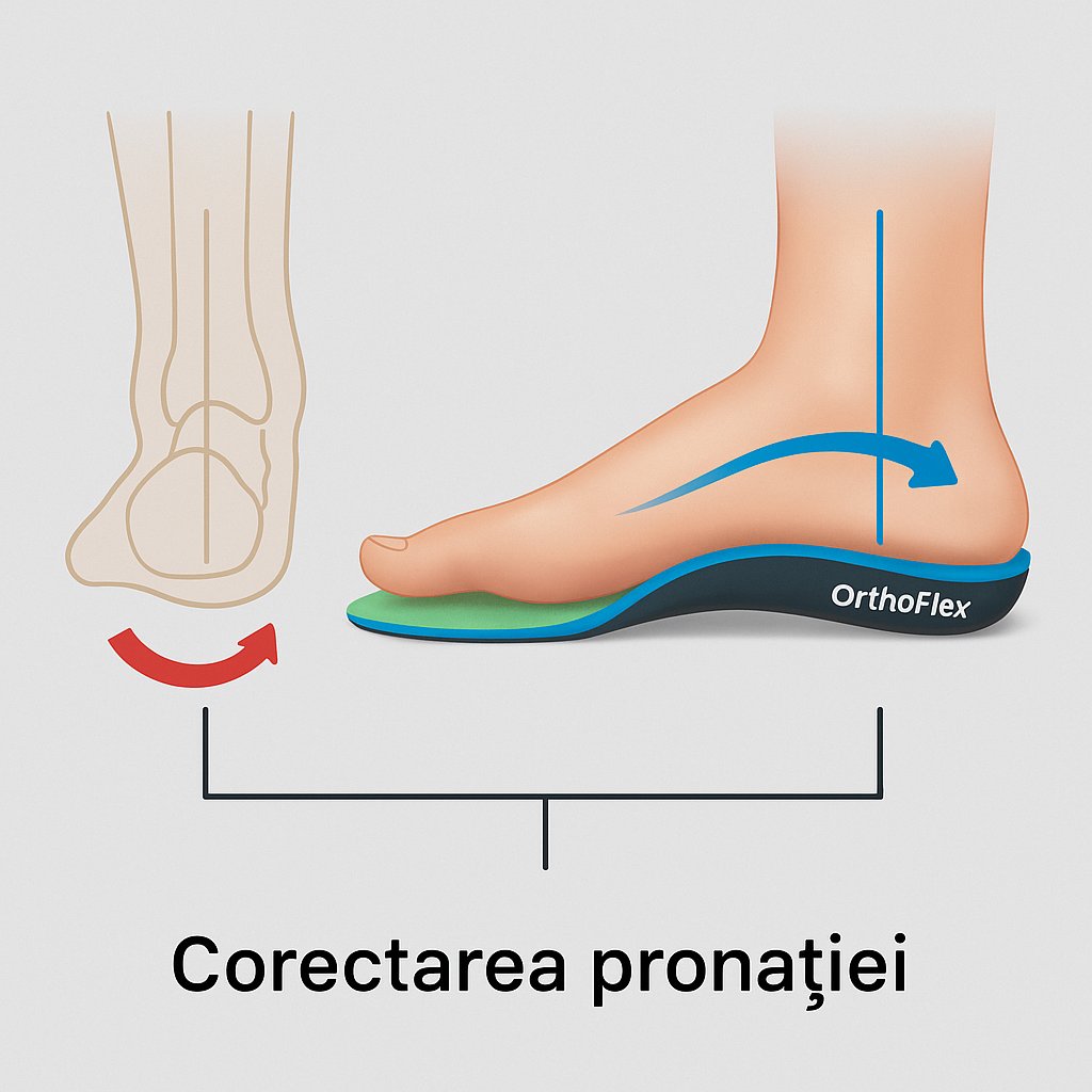 „Corectarea pronației cu branț OrthoFlex – comparație vizuală între piciorul fără susținere și piciorul corectat cu branț ortopedic personalizat.”