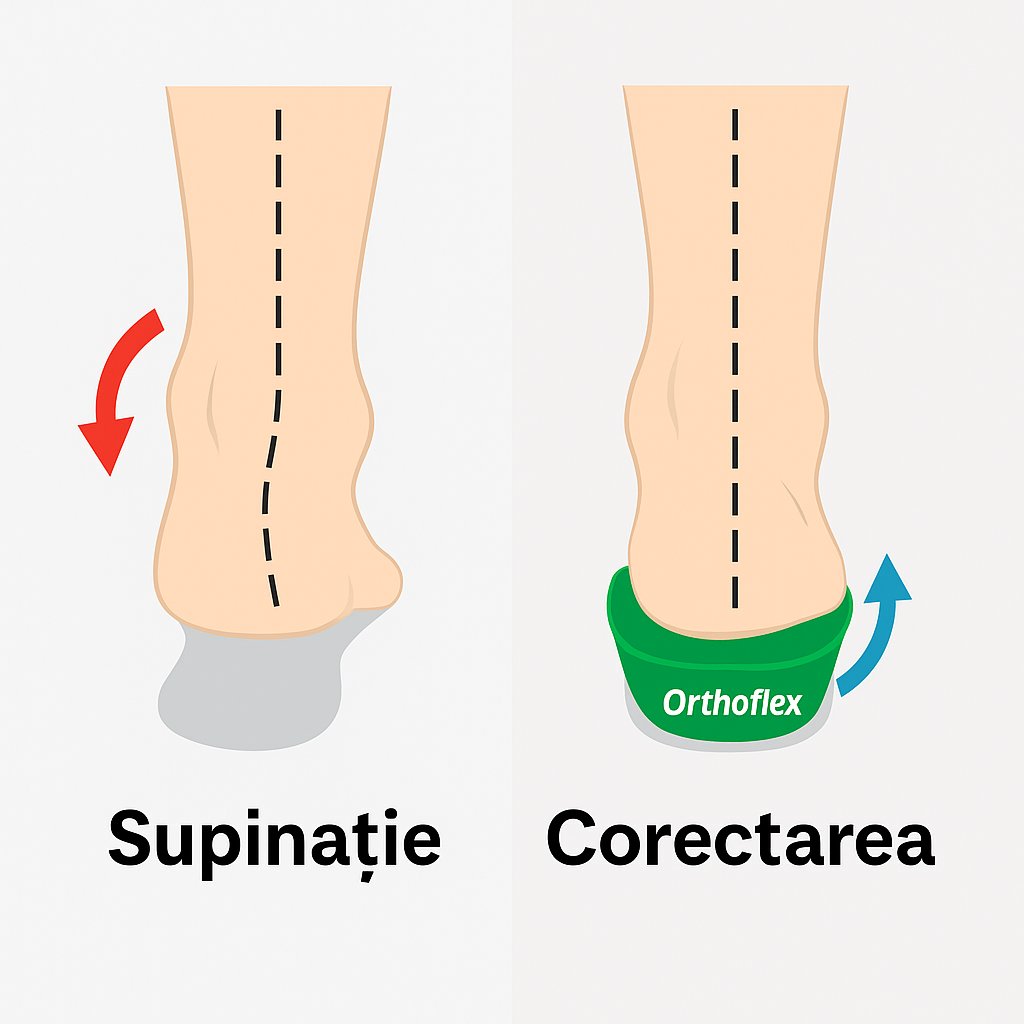 „Ilustrație comparativă a unui picior cu supinație și a corectării cu branț OrthoFlex – susținere laterală pentru alinierea gleznei și stabilitate corectă.”