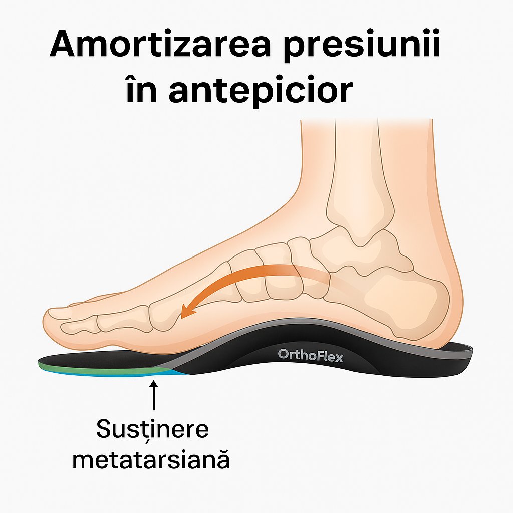 „Branț OrthoFlex pentru metatarsalgie, cu susținere metatarsiană și amortizarea presiunii în antepicior, ilustrat cu oasele piciorului și direcția corectă de sprijin.”