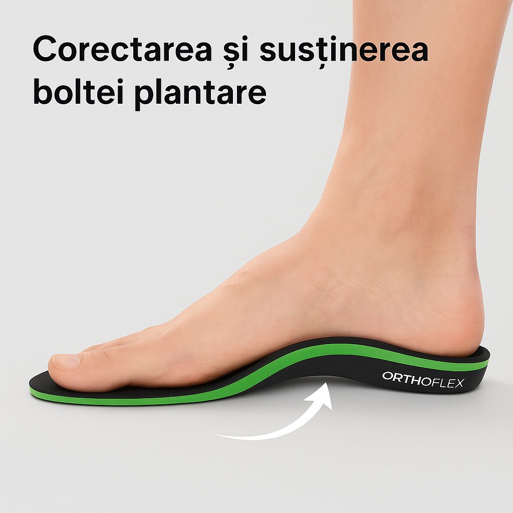 "Brant OrthoFlex verde-negru, ilustrând susținerea boltei plantare și corectarea platfusului cu design anatomic personalizat.”